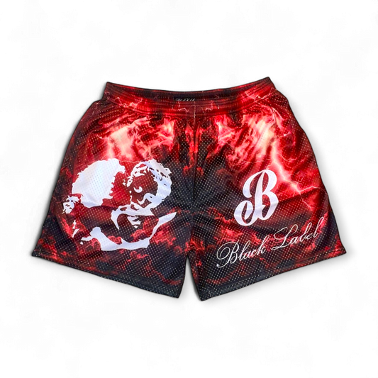 RED METALIC THUNDERSTORMS SHORTS