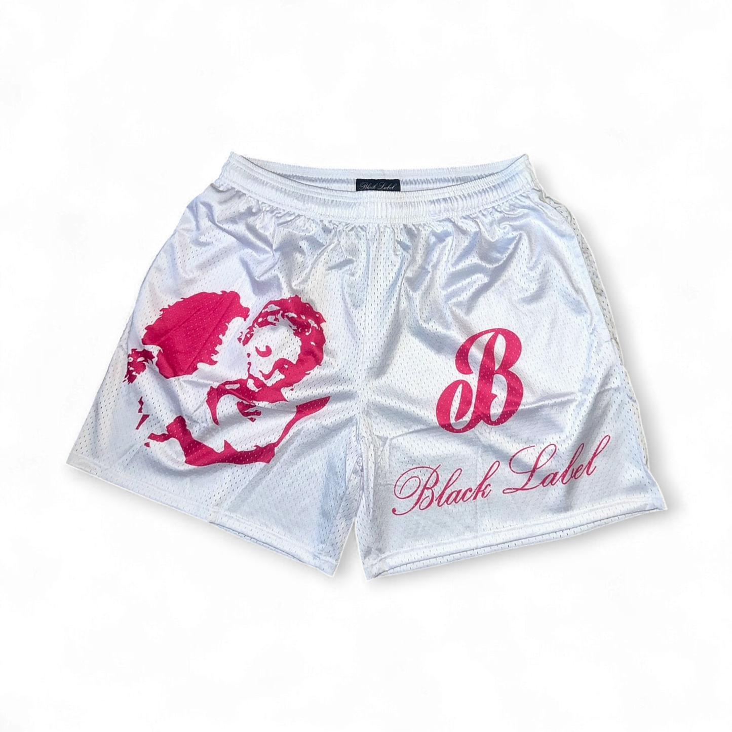 WHITE AND PINK LOGO SHORTS