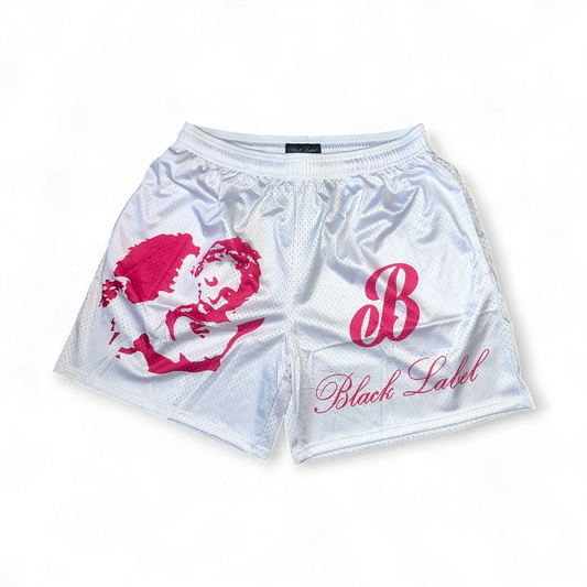 WHITE AND PINK LOGO SHORTS